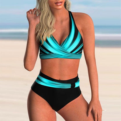 Plus Size Neon Striped Bikini Set Push Up Women High Waist Bikini Set Halter Two Piece Bathing Suits Crisscross Tummy Control Swimsuit Push Up Swimwear Women High Waist Halter Beach Swimwear Retro Bathing Suit Swimming Suit - Sky Blue - STBK233XHO