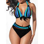 Plus Size Neon Striped Bikini Set Push Up Women High Waist Bikini Set Halter Two Piece Bathing Suits Crisscross Tummy Control Swimsuit Push Up Swimwear Women High Waist Halter Beach Swimwear Retro Bathing Suit Swimming Suit - Blue - STBK233XHO