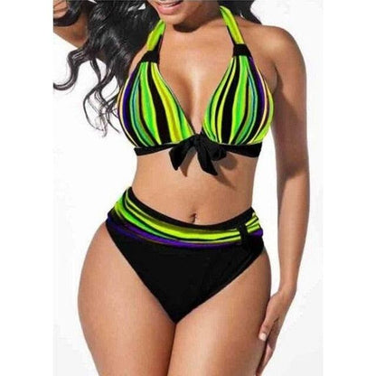Plus Size Neon Striped Bikini Set Push Up Women High Waist Bikini Set Halter Two Piece Bathing Suits Crisscross Tummy Control Swimsuit Push Up Swimwear Women High Waist Halter Beach Swimwear Retro Bathing Suit Swimming Suit - Green - STBK233XHO