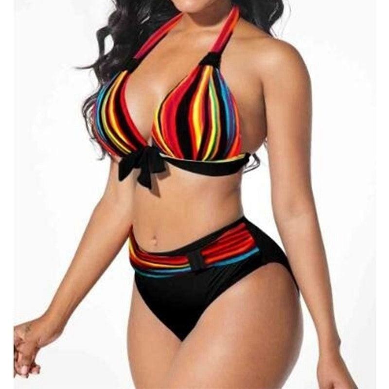 Plus Size Neon Striped Bikini Set Push Up Women High Waist Bikini Set Halter Two Piece Bathing Suits Crisscross Tummy Control Swimsuit Push Up Swimwear Women High Waist Halter Beach Swimwear Retro Bathing Suit Swimming Suit - - STBK233XHO