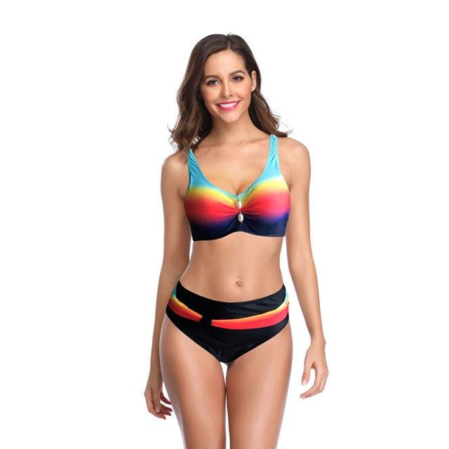 Plus Size Neon Striped Bikini Set Push Up Women High Waist Bikini Set Halter Two Piece Bathing Suits Crisscross Tummy Control Swimsuit Push Up Swimwear Women High Waist Halter Beach Swimwear Retro Bathing Suit Swimming Suit - Rainbow - STBK233XHO