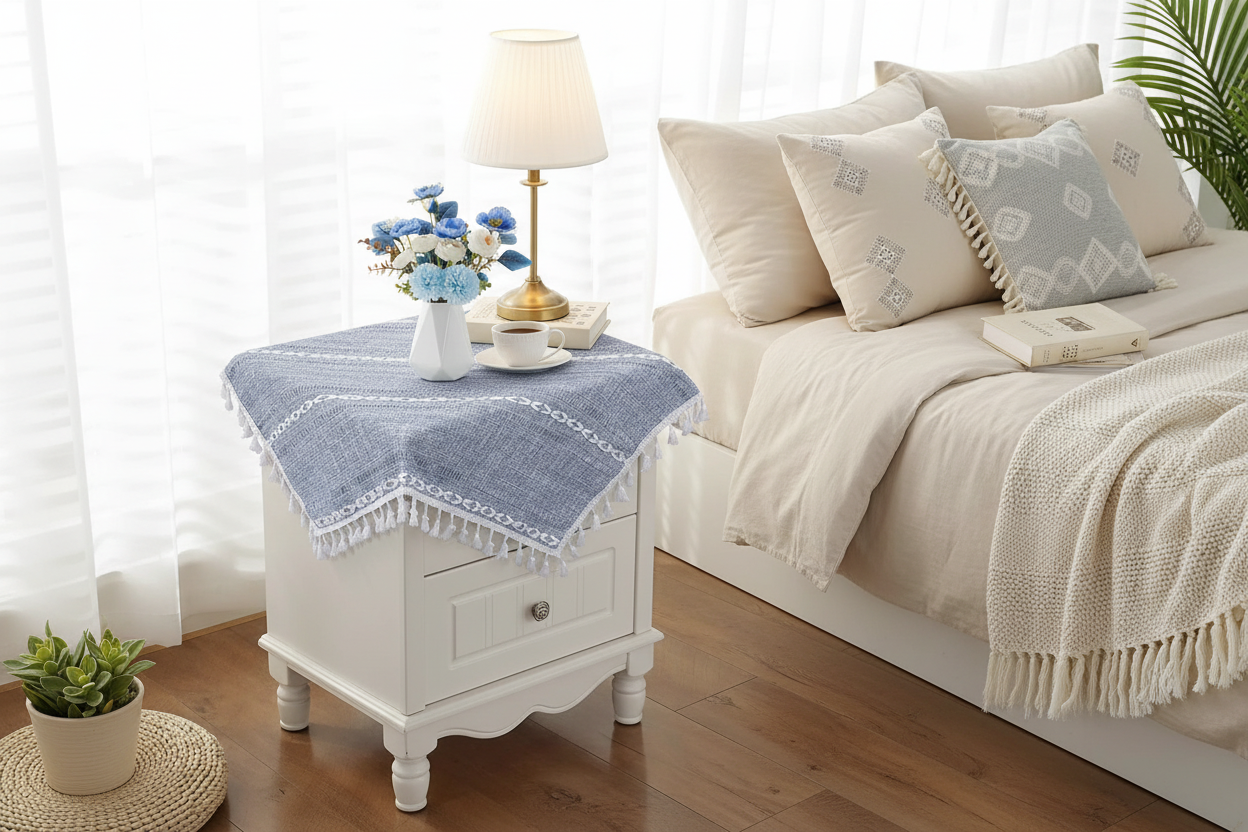 Polygon Dusty Blue and White Small Linen Nightstand Cover - Dusty Blue - table cloth