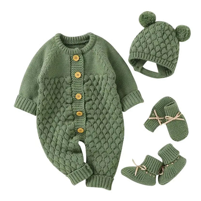 Baby Knit Set - Romper, Beanie, Mittens & Booties GREEN