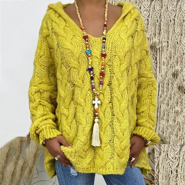Women's Hooded Solid Color Knitted Sweater - Kia Day Design