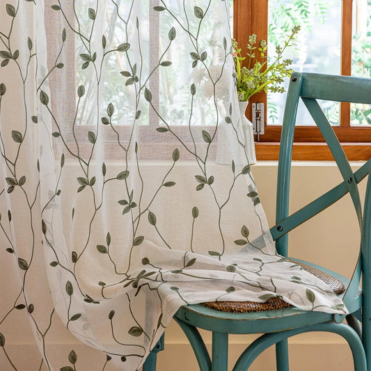 White Sage Green Embroidered Leaf Pattern Semi Sheer Voile Curtains 2 Panels - Kia Day Design