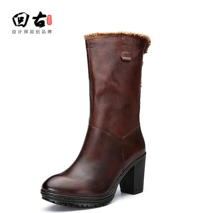 Winter Vintage Leather Mid-Calf Chunky Heeled Boots