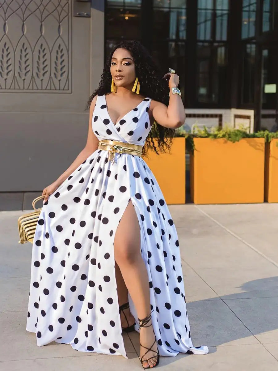 Polka Dot Sleeveless Slit Dress - - dress