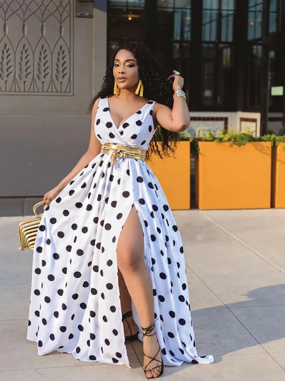 Polka Dot Sleeveless Slit Dress - - dress
