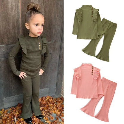 Girls Ruffled Long Sleeve Shirt and Pants Pink