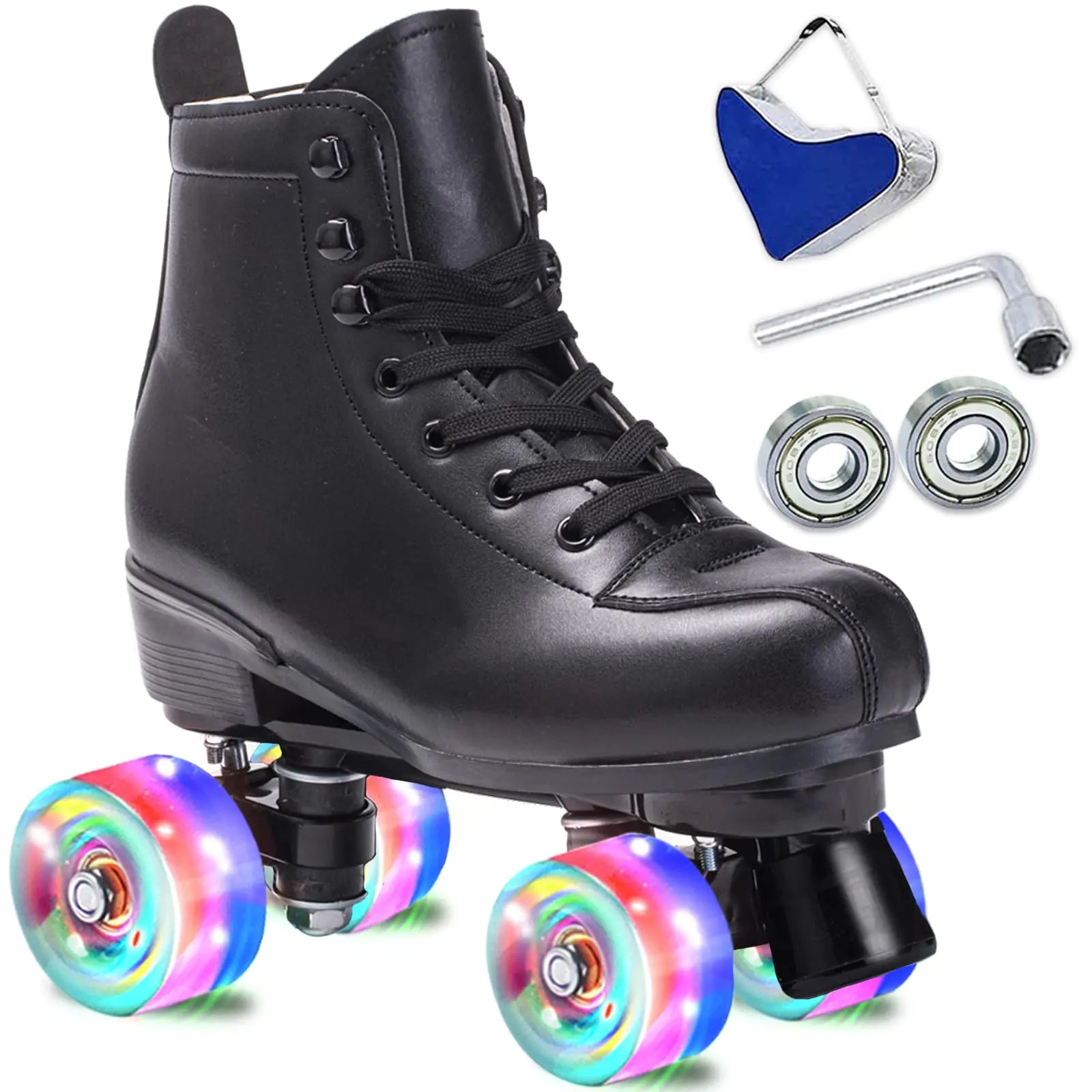 Black High Top PU Leather Skates - Black Flash Wheel 42-Women's 9 Men's 8 - skates