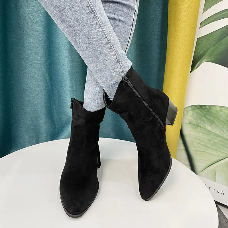 Pointed Chunky Heel Short Boots with Side Zip Boots