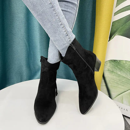 Pointed Chunky Heel Short Boots with Side Zip Boots