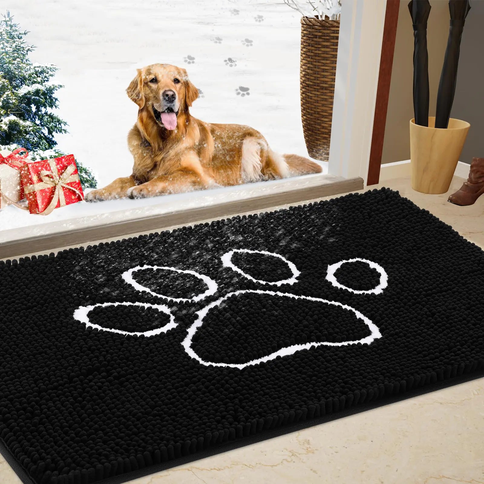 Chenille Dog Door Mat for Muddy Paws - Dog Paw Black 36.0"L x 24.0"W x 0.7"Th - Rug
