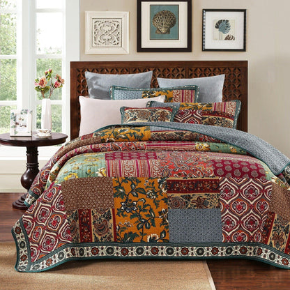 DaDa Bedding Dark Elegance Bohemian Floral Cotton Patchwork Bedspread Set (JHW-550)- DaDalogy Bedding Collection- {{Product type}}