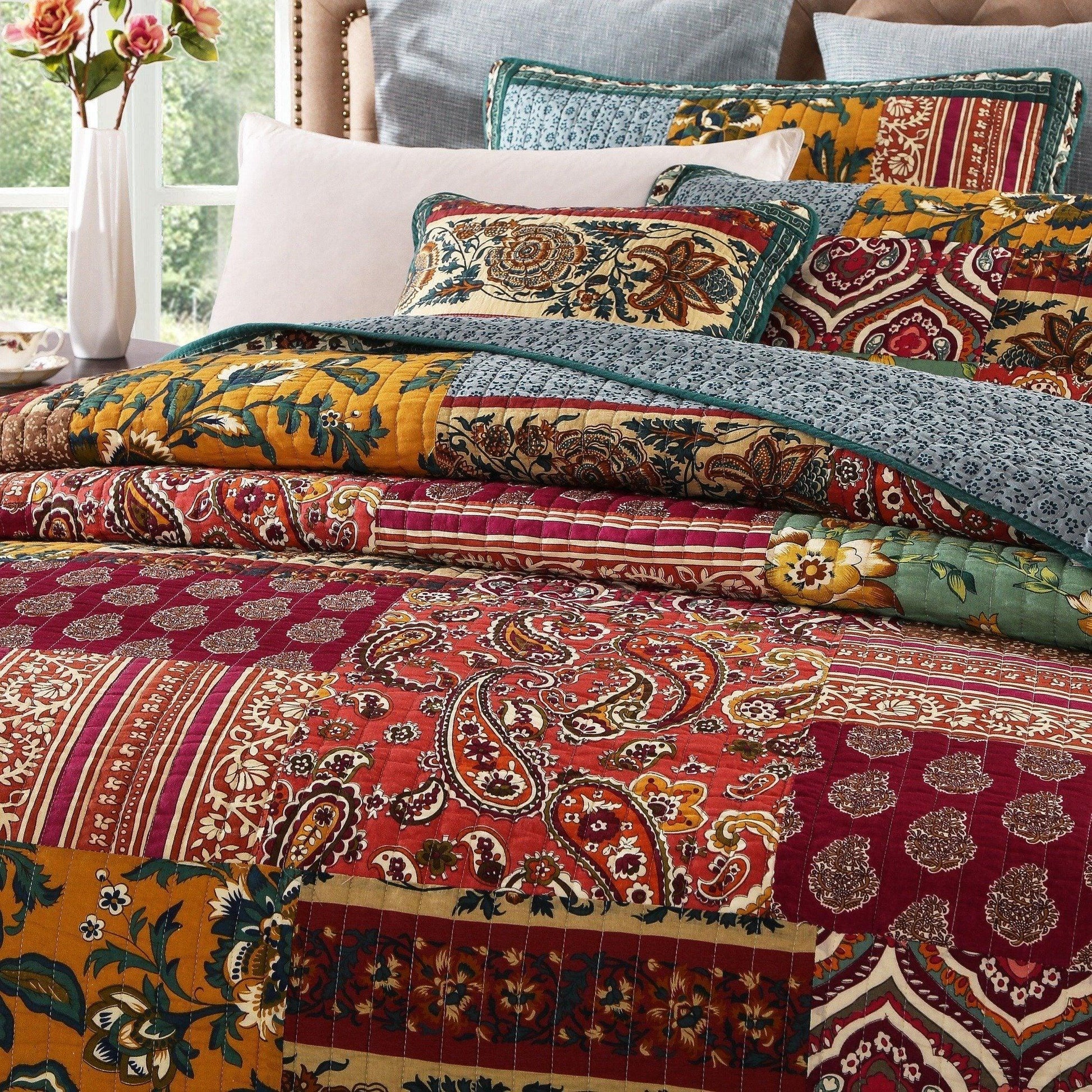 DaDa Bedding Dark Elegance Bohemian Floral Cotton Patchwork Bedspread Set (JHW-550)- DaDalogy Bedding Collection- {{Product type}}
