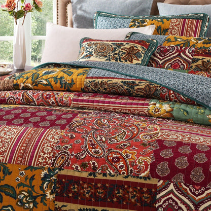 DaDa Bedding Dark Elegance Bohemian Floral Cotton Patchwork Bedspread Set (JHW-550)- DaDalogy Bedding Collection- {{Product type}}
