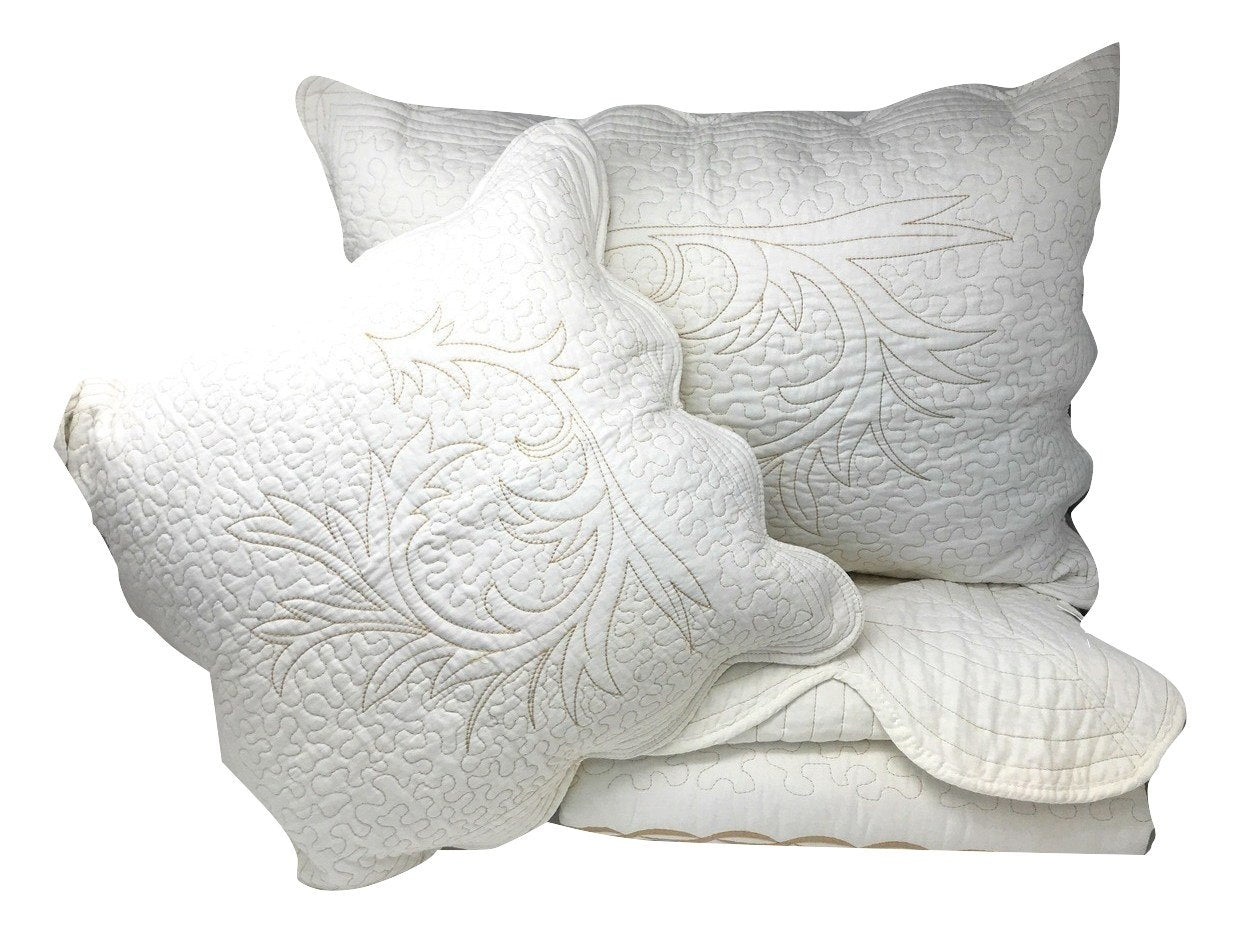 DaDa Bedding Elegant White Floral Beige Matelassé 100% Cotton Coverlet 5Pcs Bedspread Set - King Size (DXJ101796) - - Bedspreads