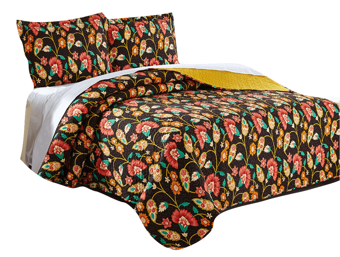 DaDa Bedding Marigold’s Floral Brown Yellow Botanical Garden Quilted Bedspread Set (HS-3330)- DaDalogy Bedding Collection- {{Product type}}