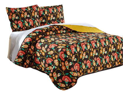 DaDa Bedding Marigold’s Floral Brown Yellow Botanical Garden Quilted Bedspread Set (HS-3330)- DaDalogy Bedding Collection- {{Product type}}