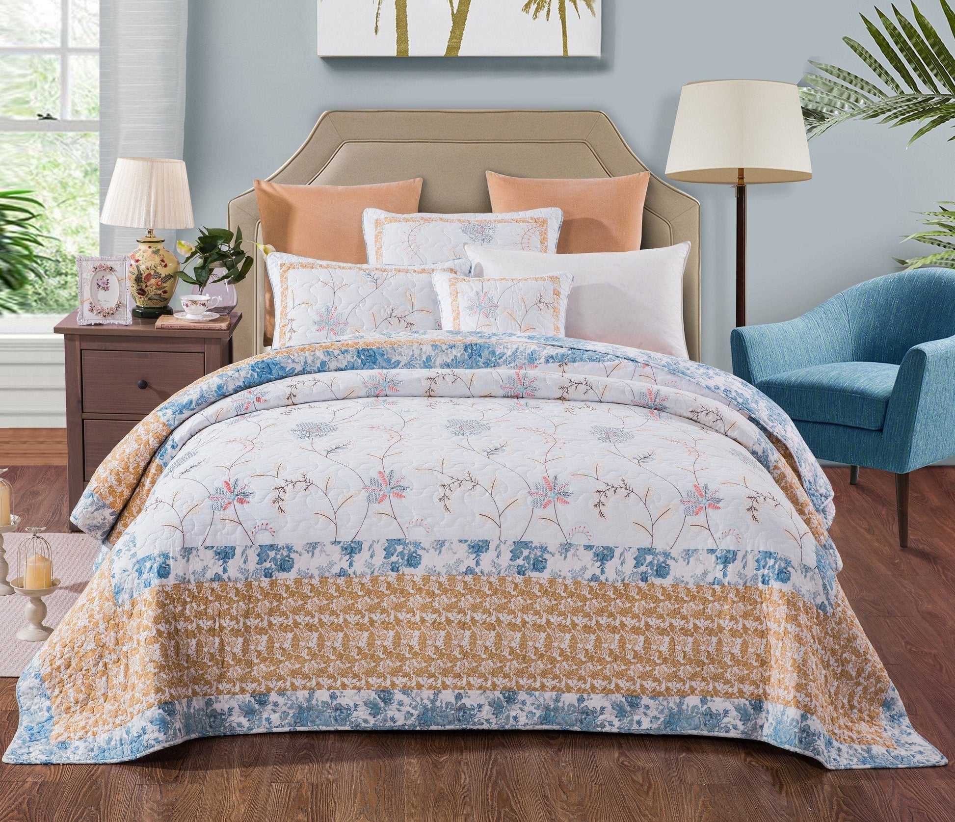 Tache Coastal Cottage Embroidered White Blue Yellow Floral Cotton Patchwork Quilt Set (JHW-668) - - Quilt / Bedspread
