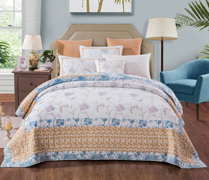 Tache Coastal Cottage Embroidered White Blue Yellow Floral Cotton Patchwork Quilt Set (JHW-668) - - Quilt / Bedspread