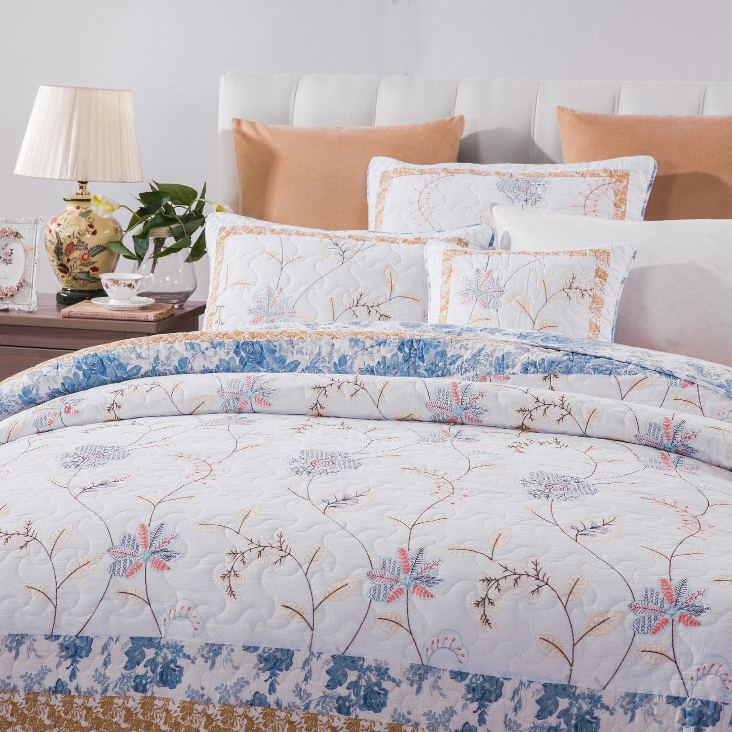 Tache Coastal Cottage Embroidered White Blue Yellow Floral Cotton Patchwork Quilt Set (JHW-668) - - Quilt / Bedspread