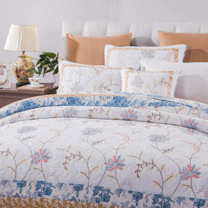 Tache Coastal Cottage Embroidered White Blue Yellow Floral Cotton Patchwork Quilt Set (JHW-668) - - Quilt / Bedspread