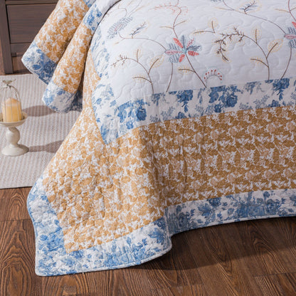Tache Coastal Cottage Embroidered White Blue Yellow Floral Cotton Patchwork Quilt Set (JHW-668) - - Quilt / Bedspread