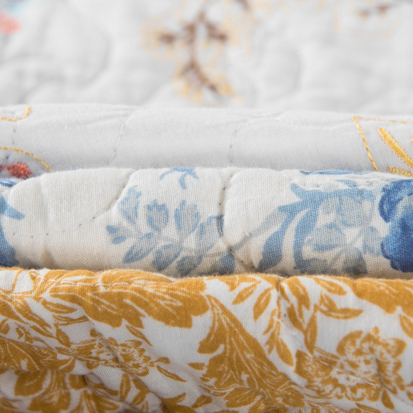 Tache Coastal Cottage Embroidered White Blue Yellow Floral Cotton Patchwork Quilt Set (JHW-668) - - Quilt / Bedspread