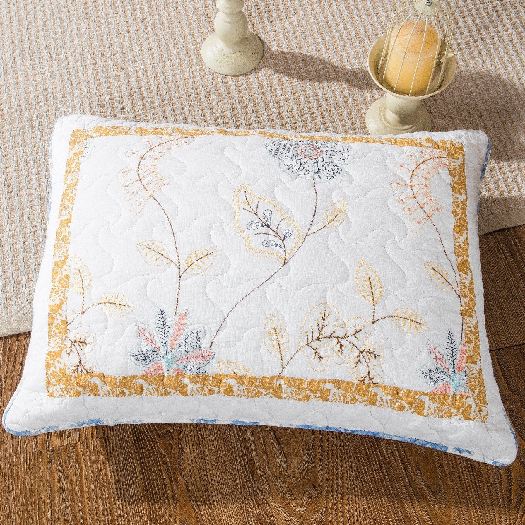 Tache Coastal Cottage Embroidered White Blue Yellow Floral Cotton Patchwork Quilt Set (JHW-668) - - Quilt / Bedspread