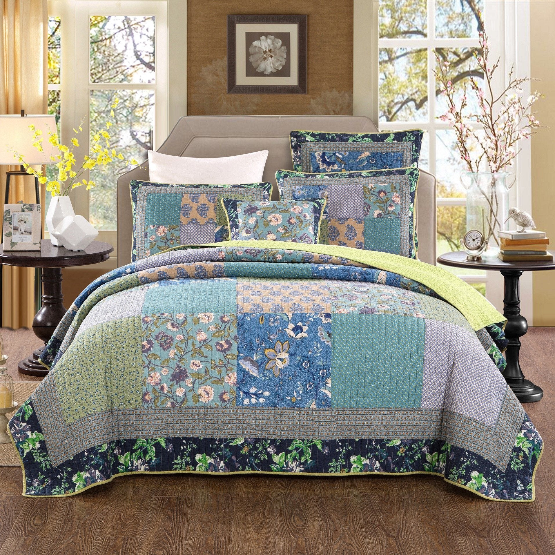 Tache Cotton Bohemian Tropical Calla Lily Quilted Patchwork Bedspread Set (JHW-687) - - Quilt / Bedspread