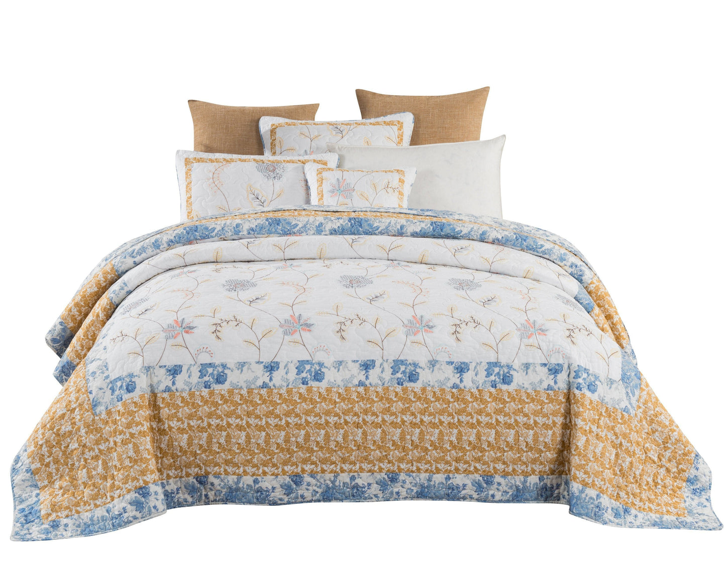 Tache Coastal Cottage Embroidered White Blue Yellow Floral Cotton Patchwork Quilt Set (JHW-668) - - Quilt / Bedspread