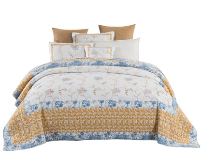 Tache Coastal Cottage Embroidered White Blue Yellow Floral Cotton Patchwork Quilt Set (JHW-668) - - Quilt / Bedspread