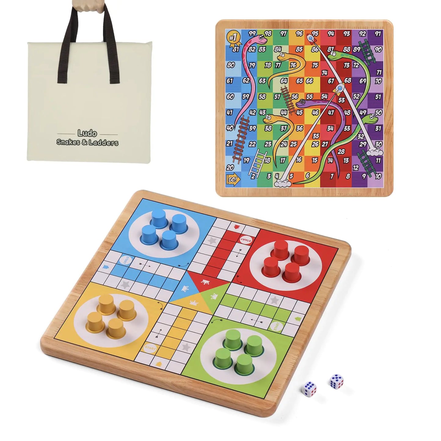 Crobyi 12 Inches Ludo Board Game + Snakes&Ladders Board Game 2 in 1 Classic Board Game for Adults and Kids Including 1 Game Board 2 Dice 16 Game Pieces Game Rules and Carrying Bag.