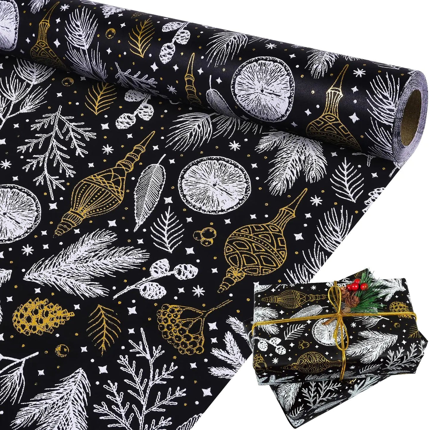 Christmas Black and Gold Foil Kraft Gift Wrapping Paper - Black Gold - wrapping paper