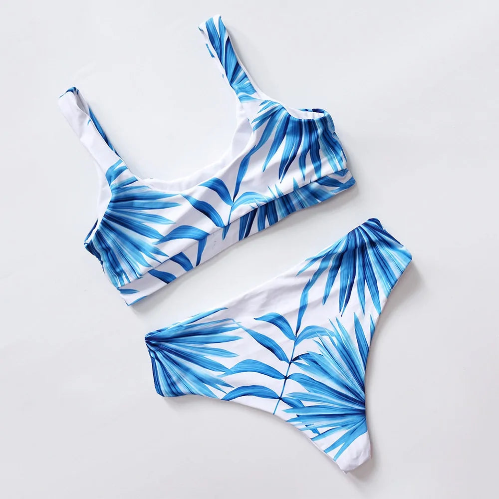 Tropical Palm Leaf High Waist : Scoop Neck White Swimwear for Women