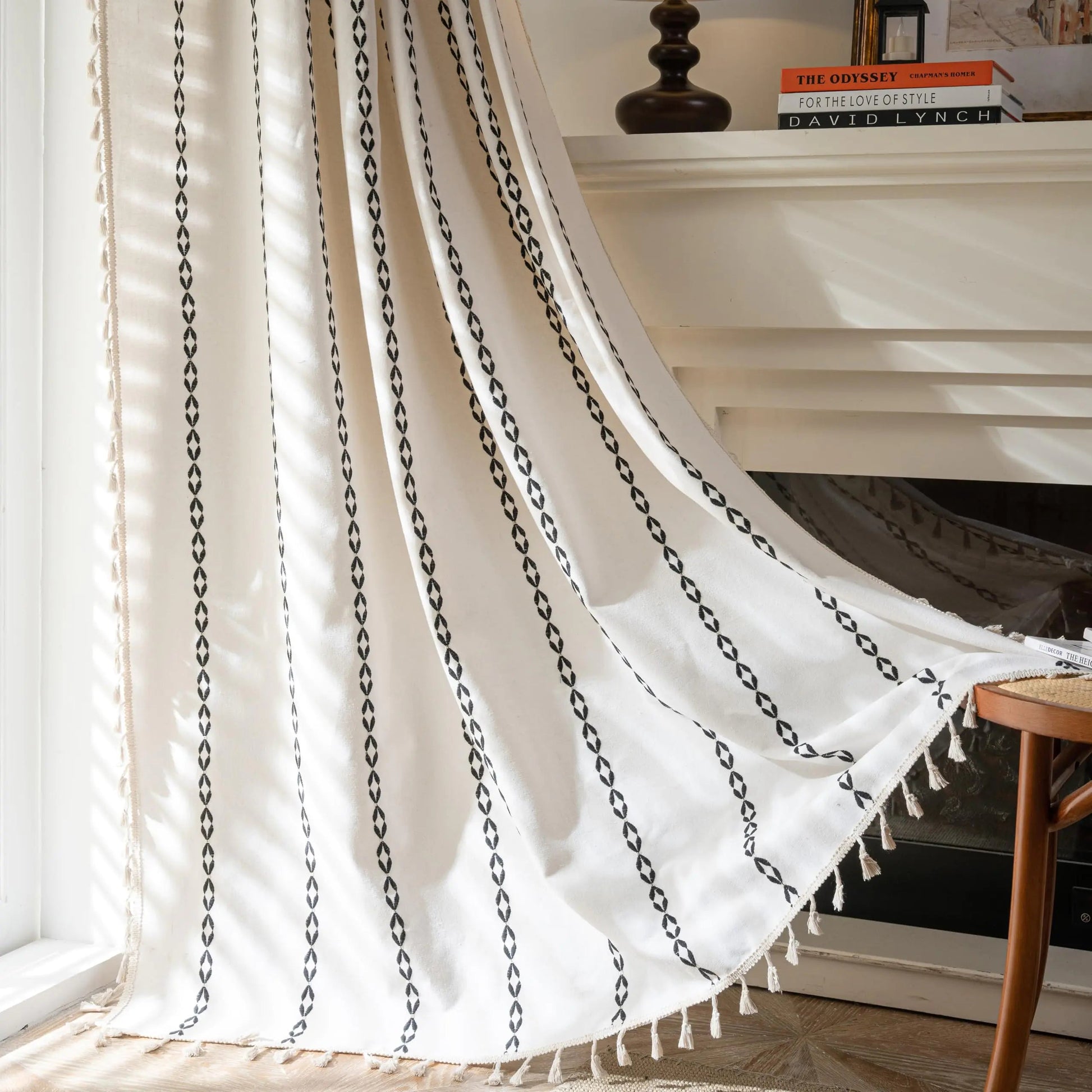 White and Black 72-Inch-Long Textured Embroidered Stripe Panel Curtain W52 x L72 - Kia Day Design