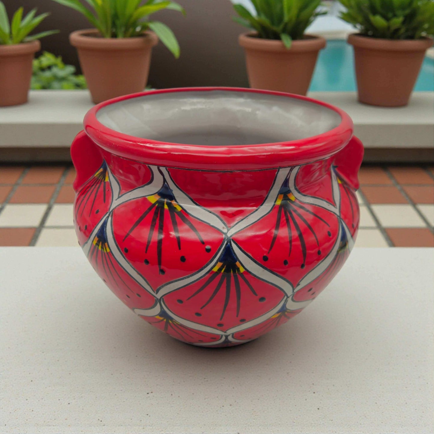 Red Peacock Talavera Planter Hand-Painted Mexican Pot - - Talavera Flower Pot