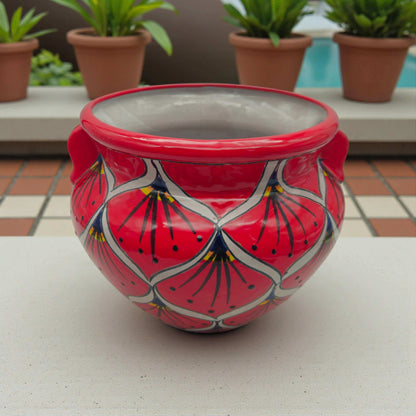 Red Peacock Talavera Planter Hand-Painted Mexican Pot - - Talavera Flower Pot
