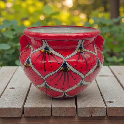 Red Peacock Talavera Planter Hand-Painted Mexican Pot - - Talavera Flower Pot