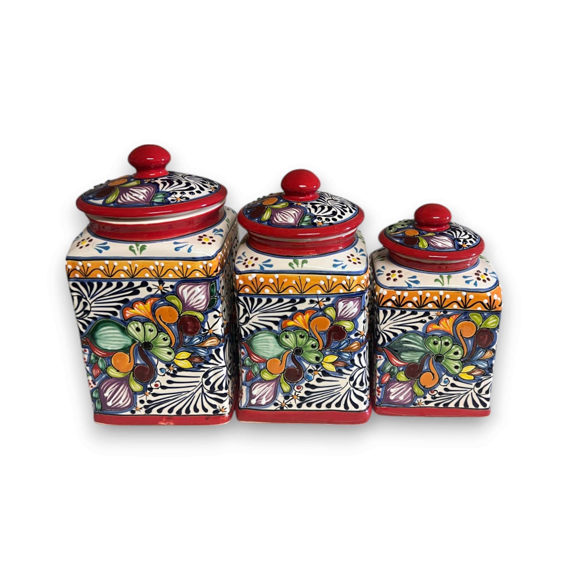 Red Talavera Canister Set Hand-Painted Mexican Kitchen Jars - - Talavera Canister Set