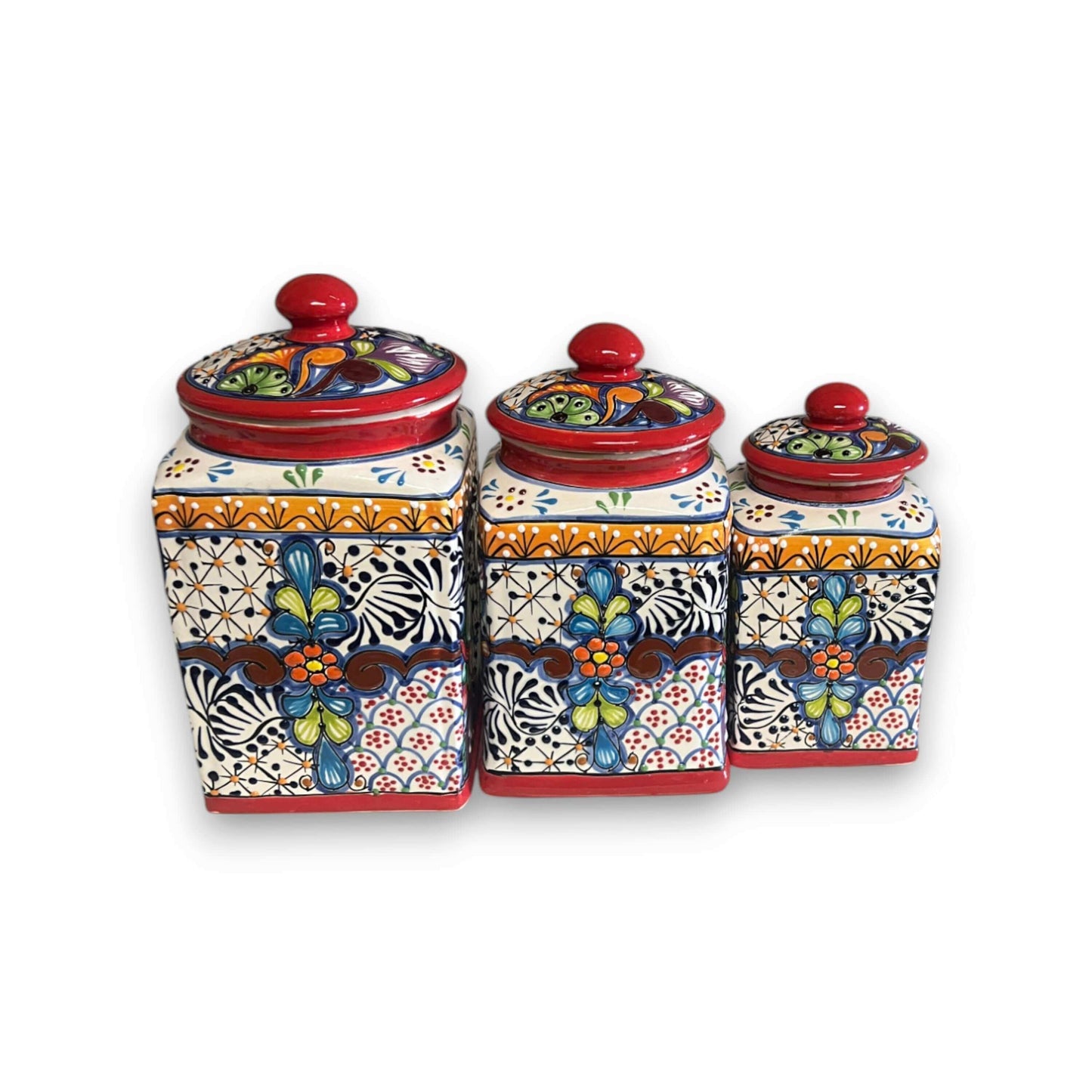 Red Talavera Canister Set Hand-Painted Mexican Kitchen Jars - - Talavera Canister Set