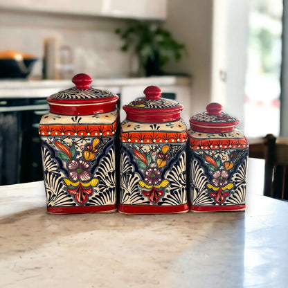 Red Talavera Canister Set Hand-Painted Mexican Kitchen Jars - - Talavera Canister Set