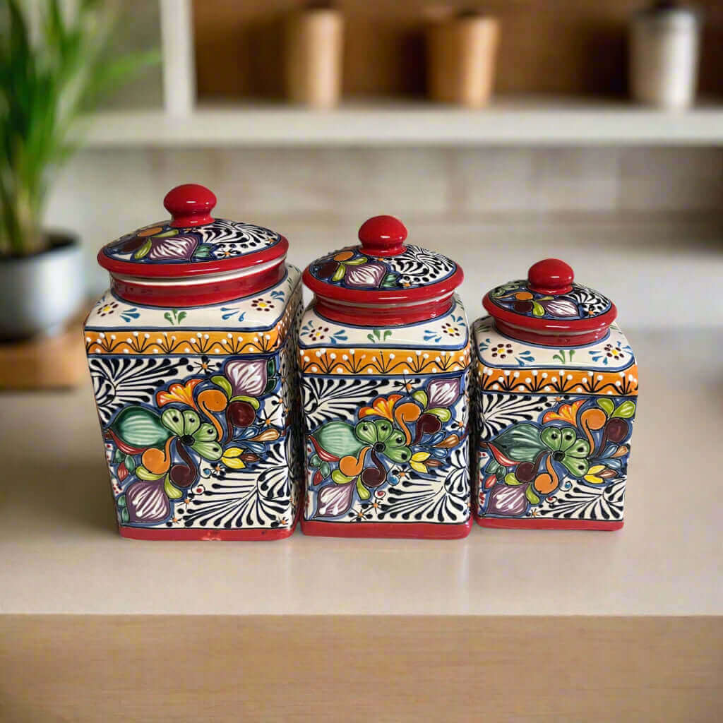 Red Talavera Canister Set Hand-Painted Mexican Kitchen Jars - - Talavera Canister Set