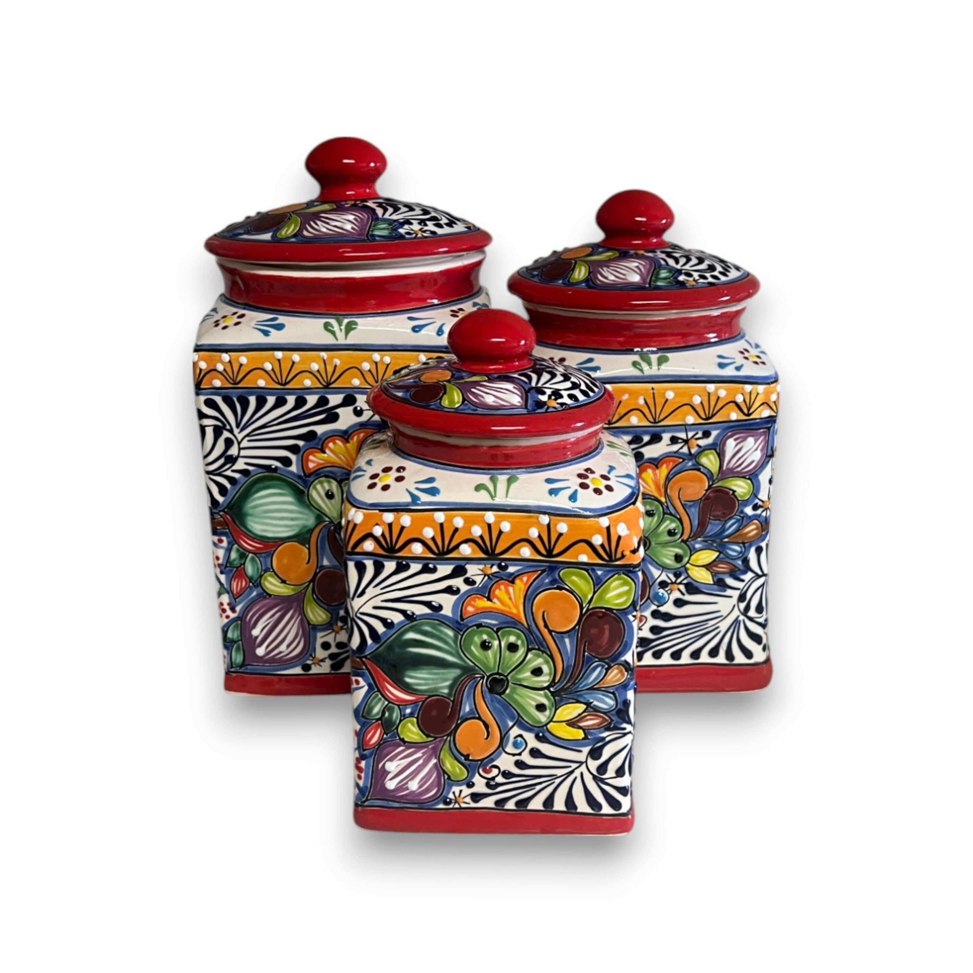 Red Talavera Canister Set Hand-Painted Mexican Kitchen Jars - - Talavera Canister Set