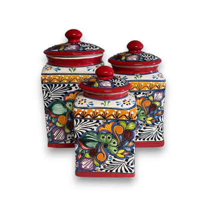 Red Talavera Canister Set Hand-Painted Mexican Kitchen Jars - - Talavera Canister Set