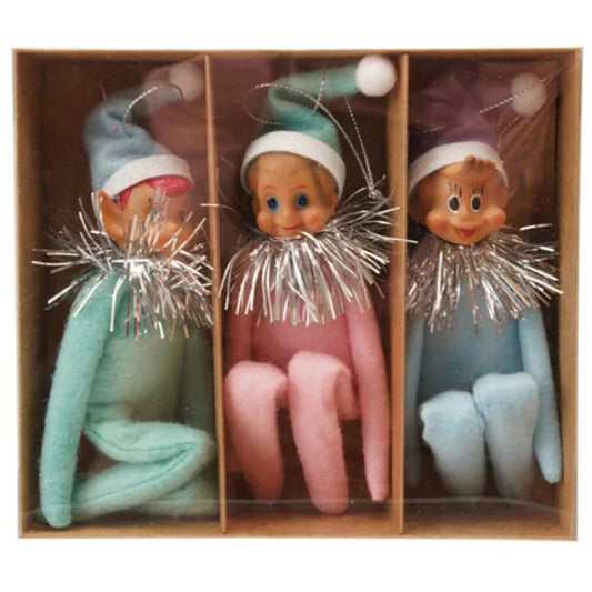 Pastel MCM KneeHugger Elf Ornaments Set of 3 Vintage Reproduction - - Seasonal & Holiday Decorations