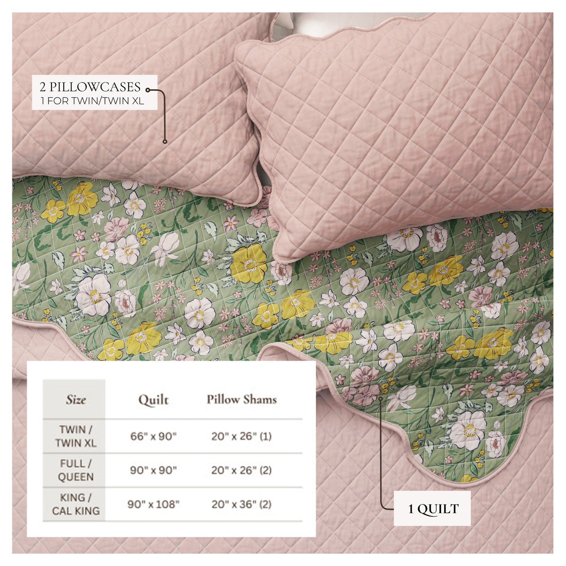 Floral Print & Scalloped Cotton Quilt Set - Gwen Collection - - Quilts & Comforters