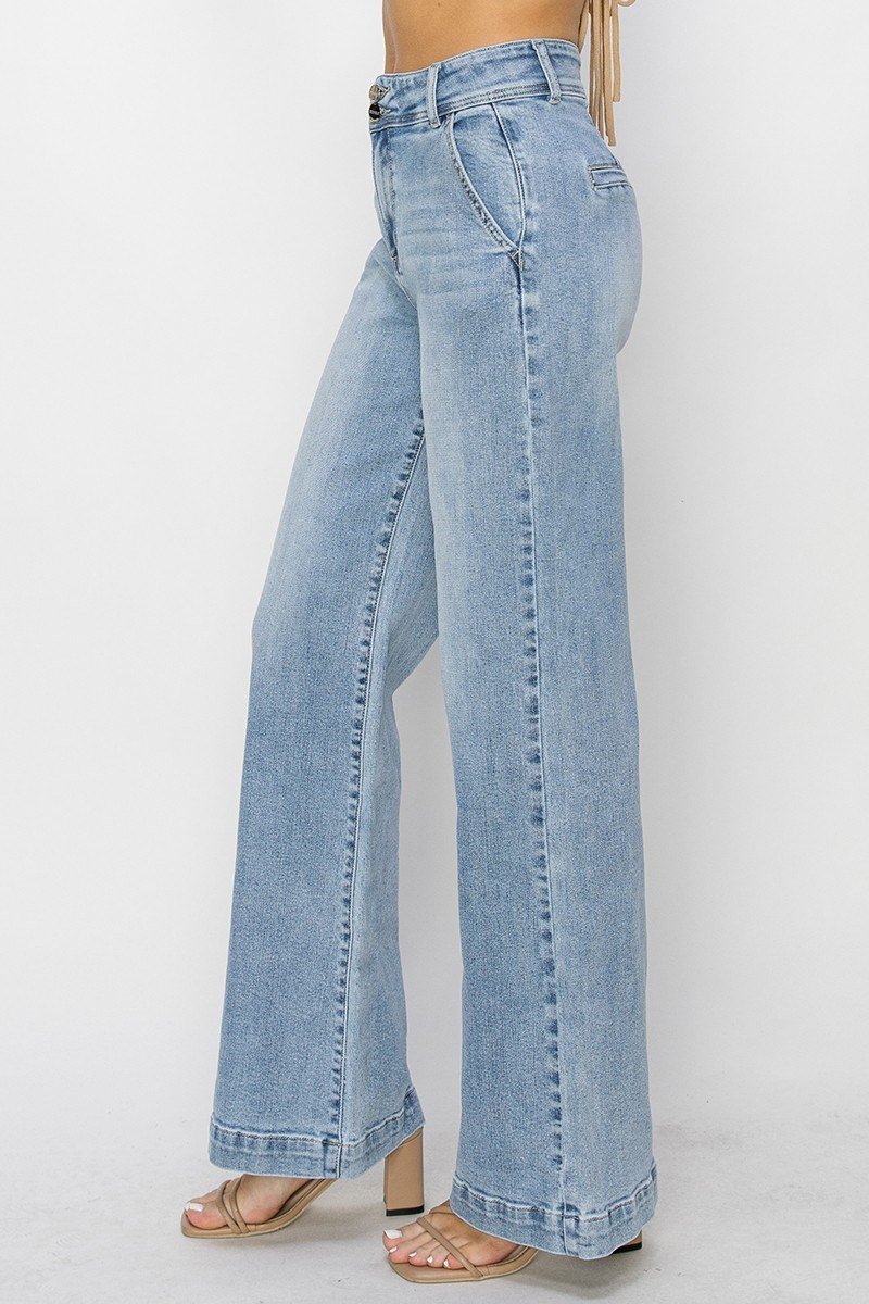 Risen Double Button Wide-Leg Western Jeans — High-Rise Trouser Style with Slash Front and Back Pockets - Sizes 9, 11, 13 and 15 remain - - Womens bottoms & Dresses