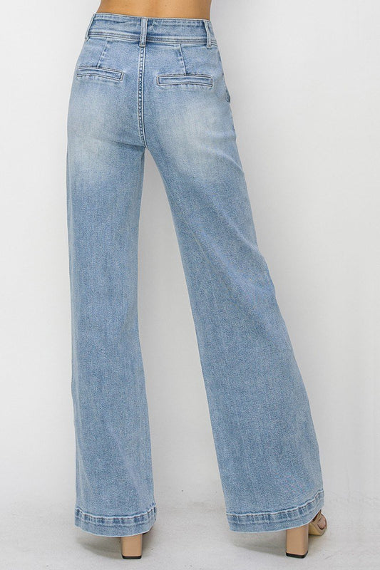 Risen Double Button Wide-Leg Western Jeans — High-Rise Trouser Style with Slash Front and Back Pockets - Sizes 9, 11, 13 and 15 remain - - Womens bottoms & Dresses